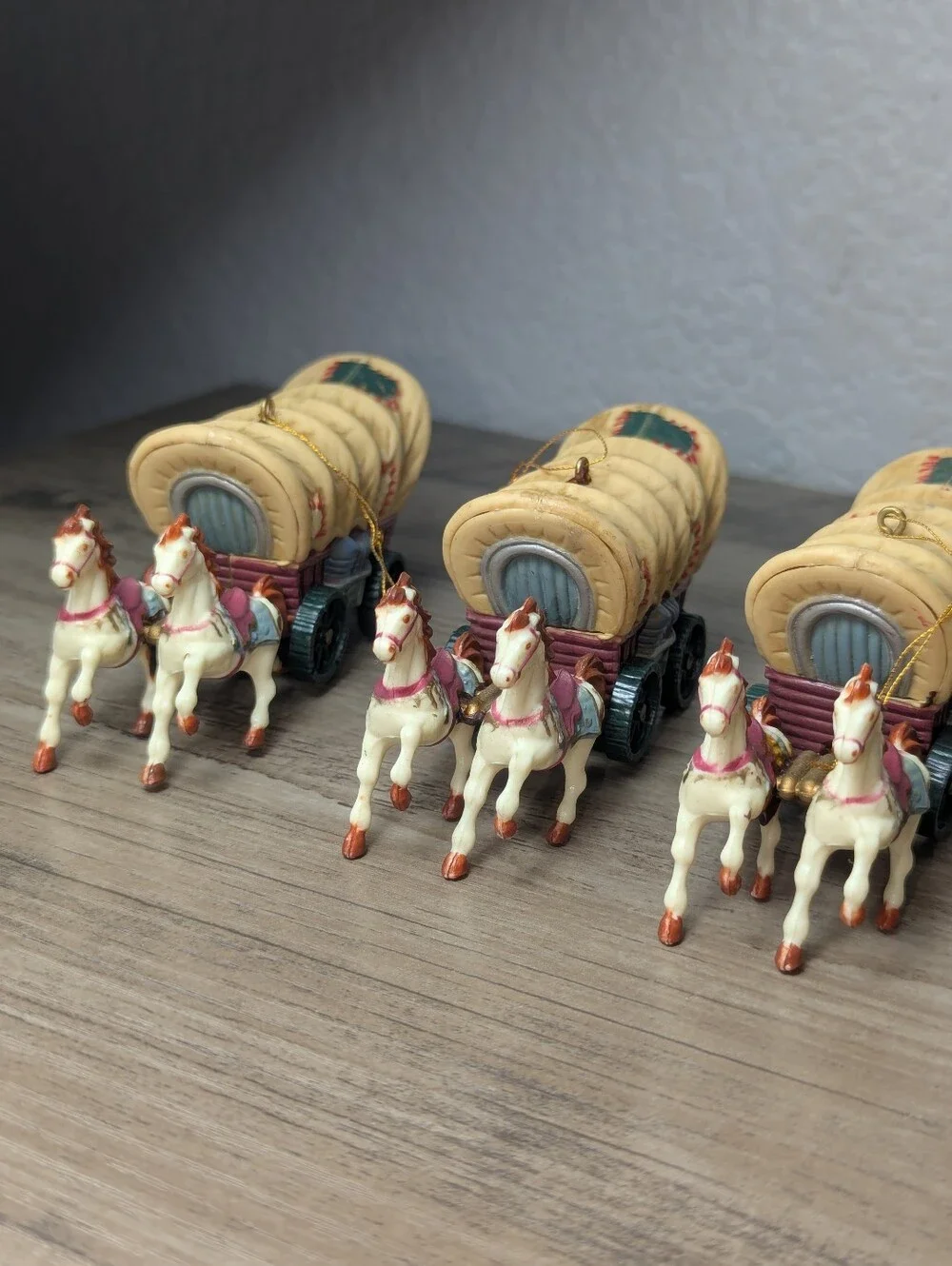 Western Covered Wagon Christmas Ornaments Hard Plastic Set of 6 Vintage